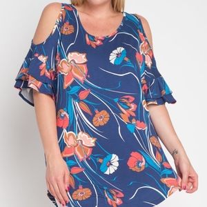 Plus Size Cold Shoulder Ruffled Sleeve Tunic Top